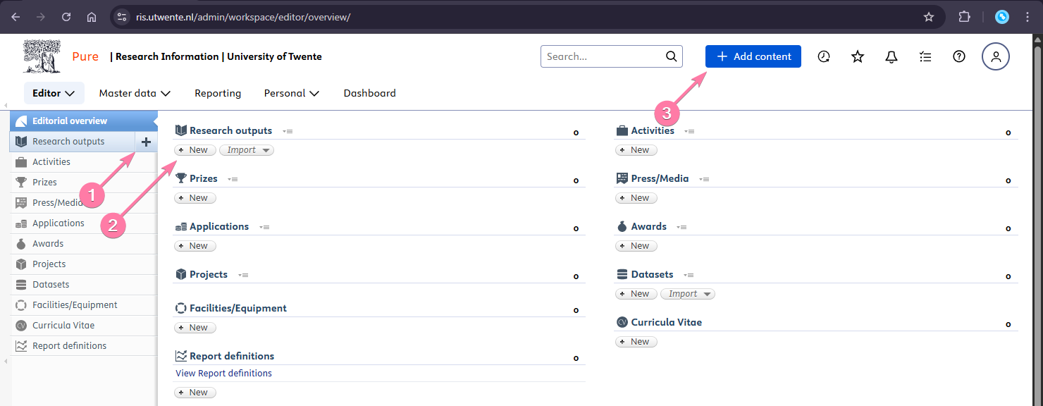 A screenshot showing the various ways to start adding new content.