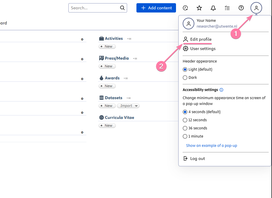 A screenshot showing how to access the Edit Profile page for a new user.
