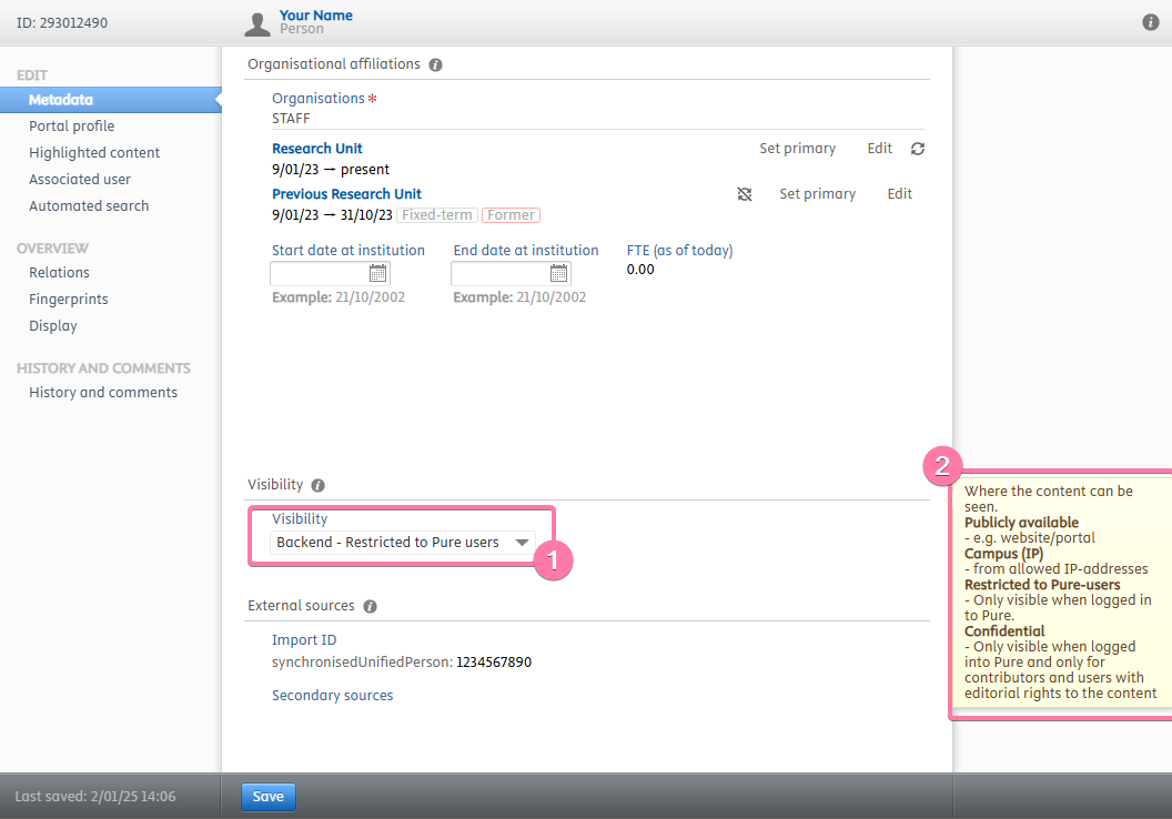 Screenshot showing the "Visibility" dropdown at the bottom of the profile settings page.